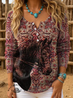 Retro Flower And Horse Print Buttoned Cardigan Sweater