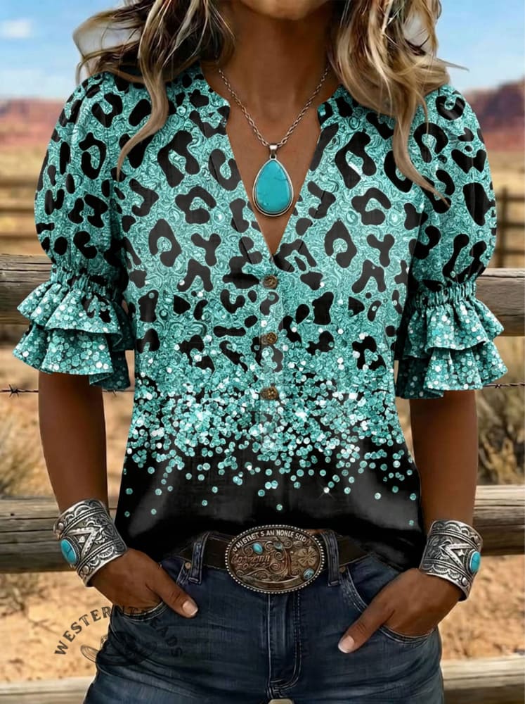 Women's Leopard Print Puff Sleeve Casual Shirt
