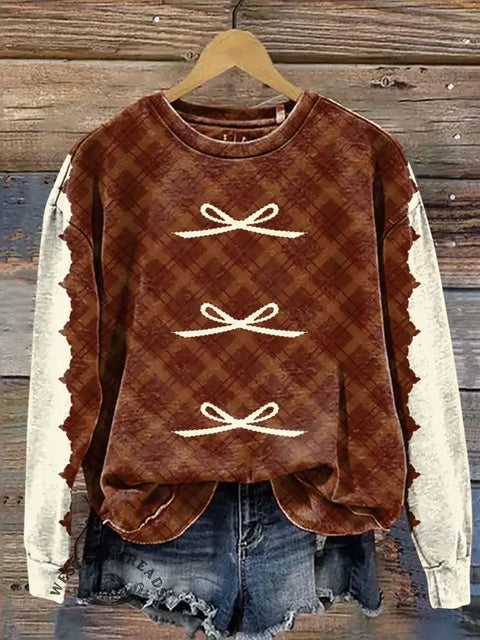 Brown plaid bow Casual Cotton Sweatshirt