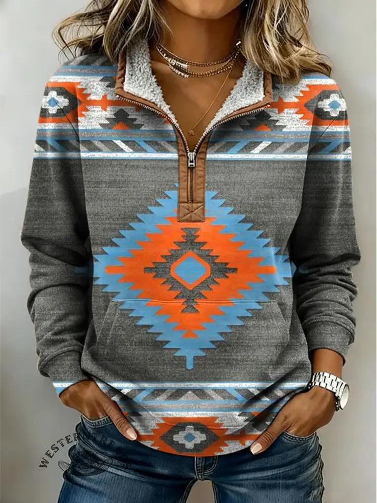 Retro Aztec Print Casual Half-zip Cotton Sweatshirt