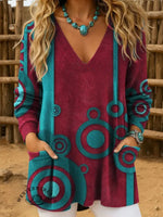 Women's Vintage Printed Casual Knitted V-Neck Pocket Top