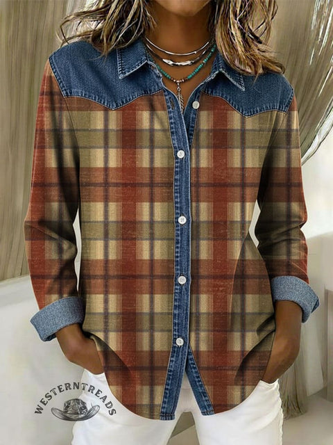 Women's Plaid Print Patchwork Denim Casual Cotton Shirt