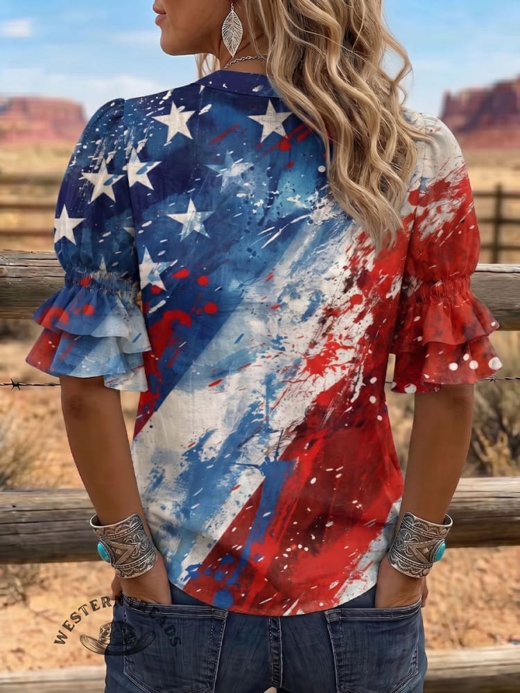 Vintage Art Print Comfortable Summer Fabrics Puff Sleeve Casual Shirt