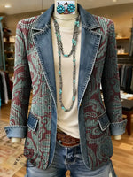 Paisley Art Print Patchwork Denim Sweater Cardigan Coat