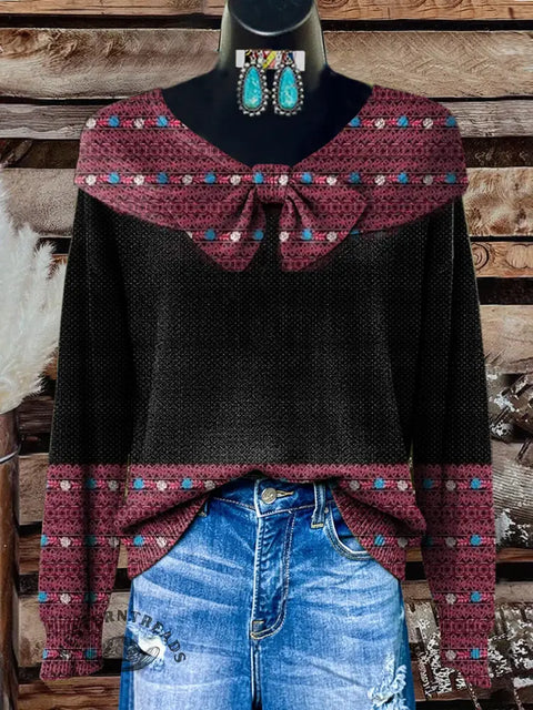 Women's Retro Knitted Visual Color Blocking Print Casual Cotton Sweater