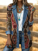 Retro Art Print Patchwork Denim Sweater Cardigan Coat