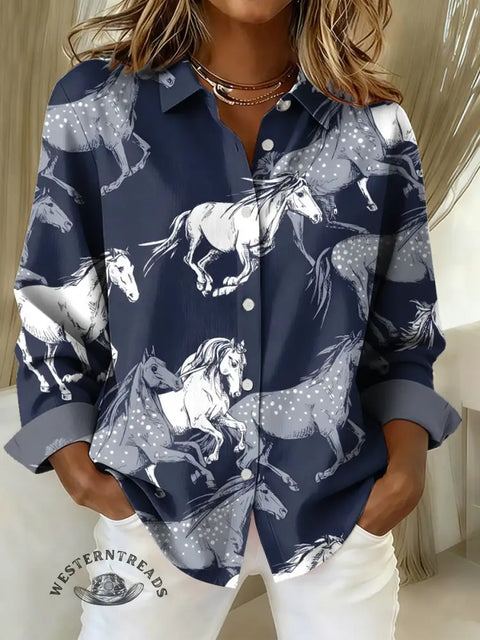 Women's Horse Print Casual Cotton Shirt