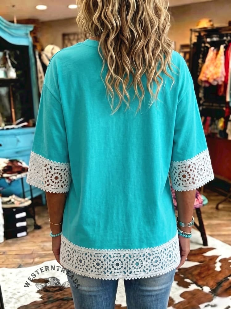 Women's Vintage Art Print Lace Sleeve Casual Shirt
