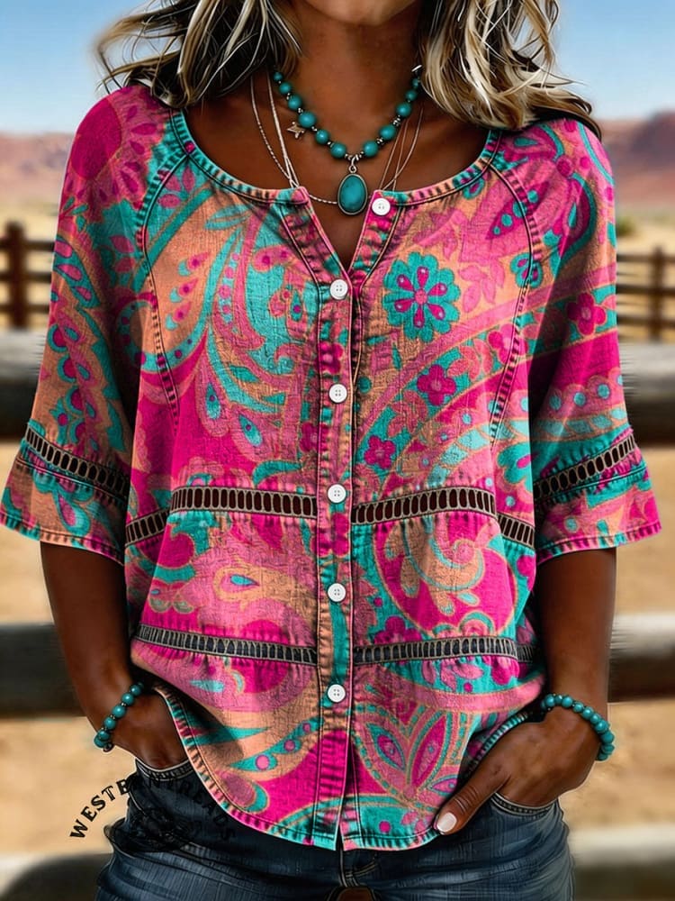 Women's Vintage Paisley Print Casual Short Sleeves Denim Shirt