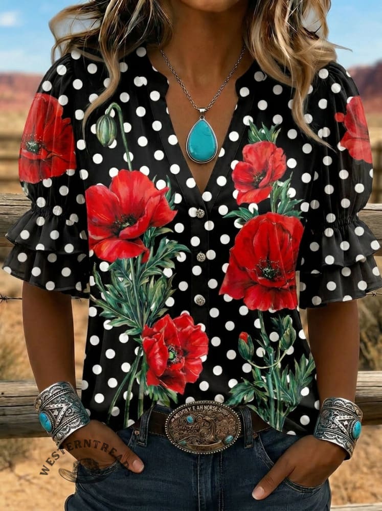 Women's Retro Art Puff Sleeve Casual Shirt