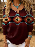 Women's Retro Red Aztec Art Print Henley Neck Sweater