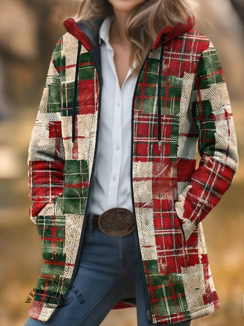 Red And Green Checkered Print Unisex Plush Thick Long-sleeved Cardigan Coat