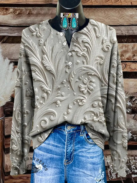 Three-dimensional Carving Visual Print Buttoned Cardigan Sweater
