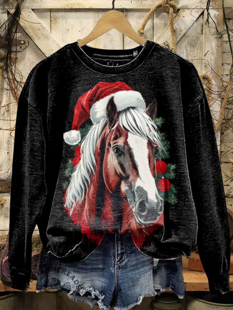 Retro Christmas Horse Casual Cotton Sweatshirt