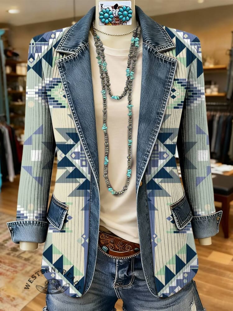 Aztec Print Patchwork Denim Coat