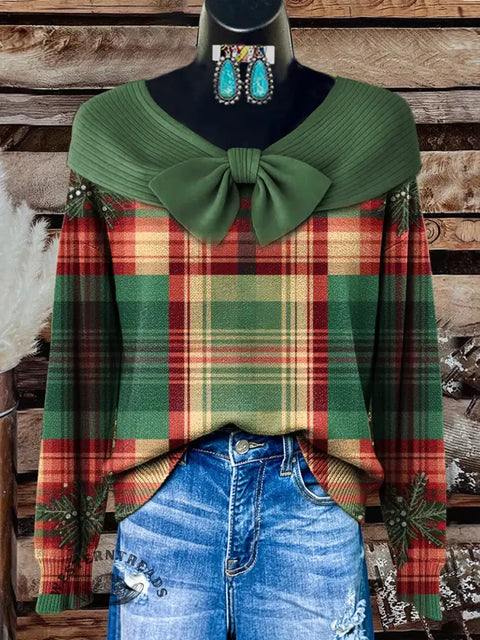 Women's Christmas Color Plaid Print Casual Cotton Sweater