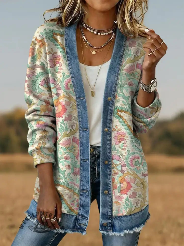 Paisley Print Casual Cotton Patchwork Denim Coat