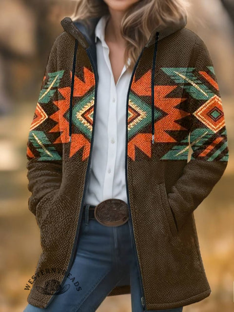 Aztec Print Unisex Plush Thick Long-sleeved Cardigan Coat