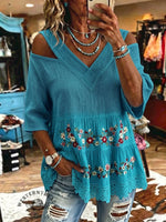 Women's Vintage Flowers Print Off-shoulder Patchwork Casual Shirt