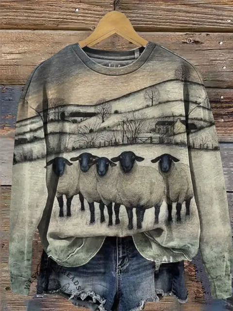 Western Lamb Art Print Casual Sweatshirt