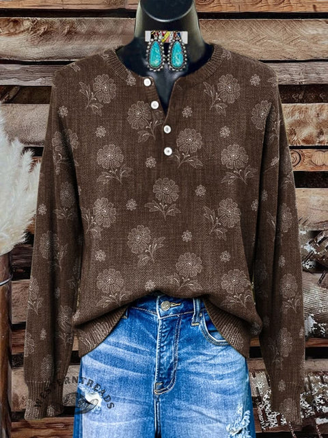 Floral Pattern Art Print Buttoned Cardigan Sweater