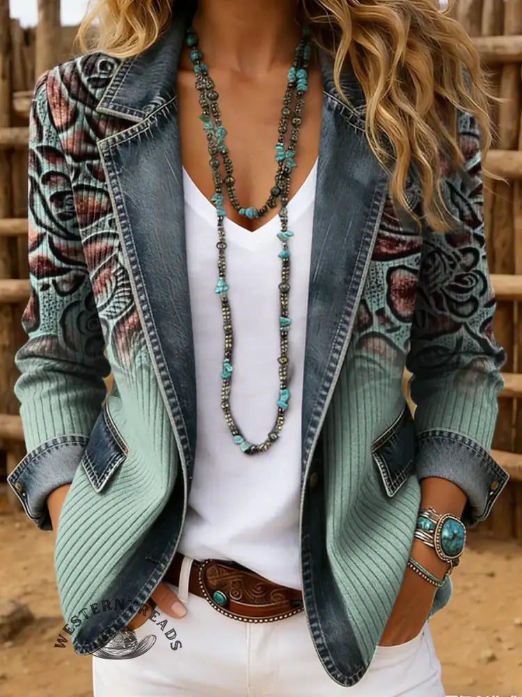 Art Print Patchwork Denim Sweater Cardigan Coat