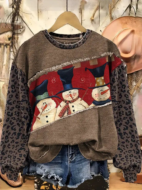 Retro Snowman Print Casual Cotton Leopard Print Christmas Sweatshirt