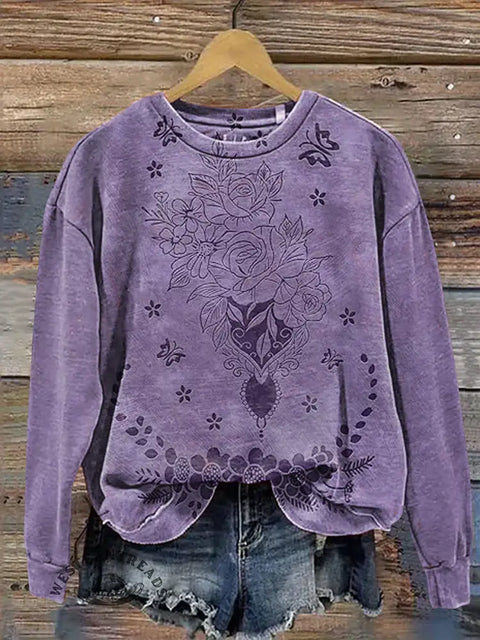 Retro Faux Leather Print Visual Casual Cotton Sweatshirt