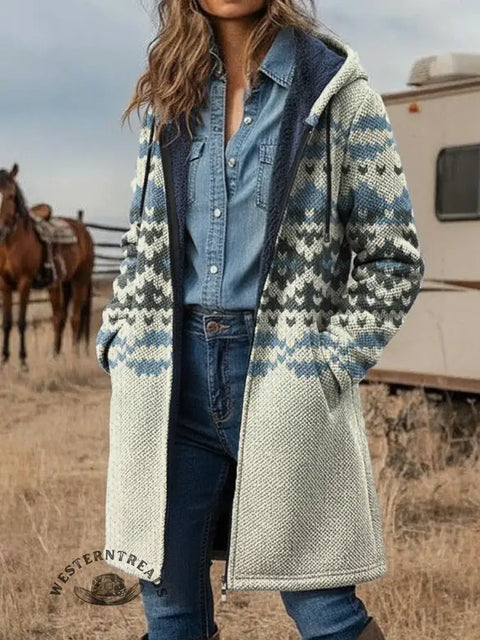 Retro Art Pattern Unisex Plush Thick Long-Sleeved Cardigan Coat