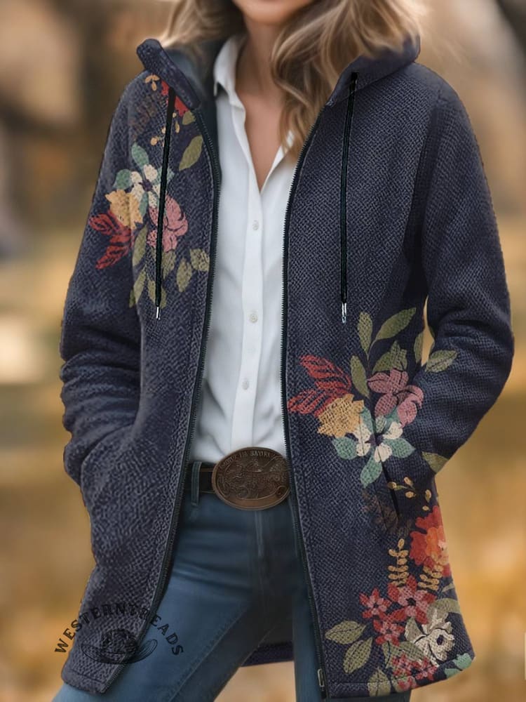 Floral Print Unisex Plush Thick Long-sleeved Cardigan Coat