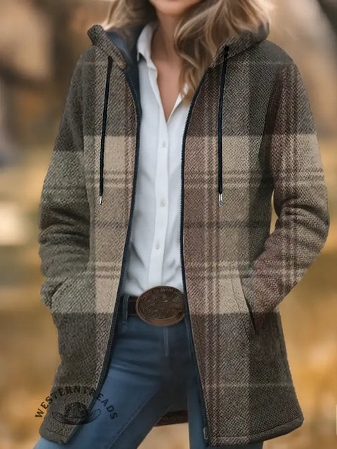 Plaid Print Unisex Plush Thick Long-sleeved Cardigan Coat
