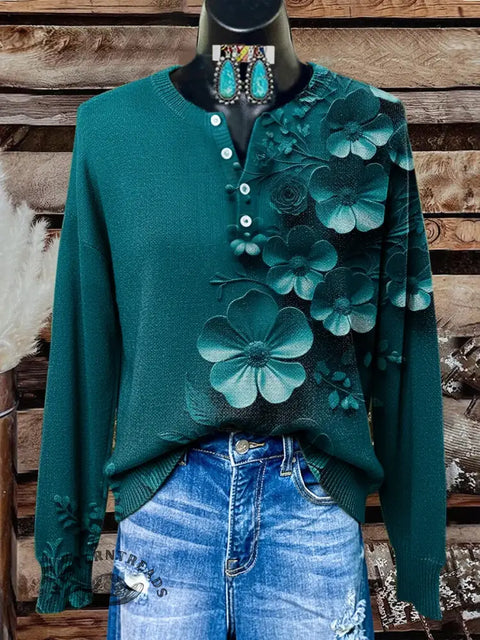 Simple Floral Art Print Buttoned Cardigan Sweater