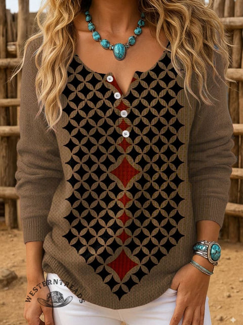 Geometric Print Buttoned Cardigan Sweater