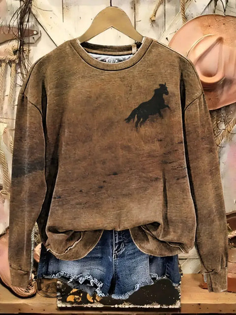 Retro Wild Horse Art Casual Cotton Sweatshirt