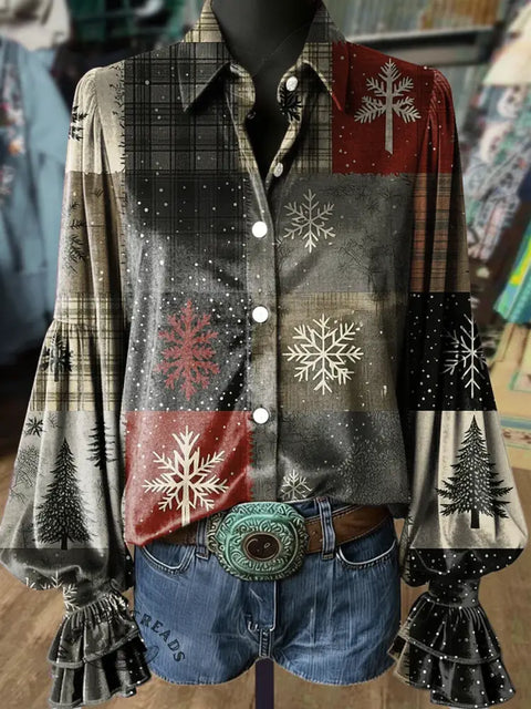 Women's Christmas Tree Art Patterns Print Lantern Sleeve Velvet Top