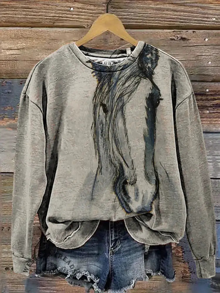 Retro Horse Sketch Art Casual Cotton Sweatshirt