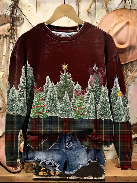 Christmas Tree Plaid Casual Cotton Sweatshirt