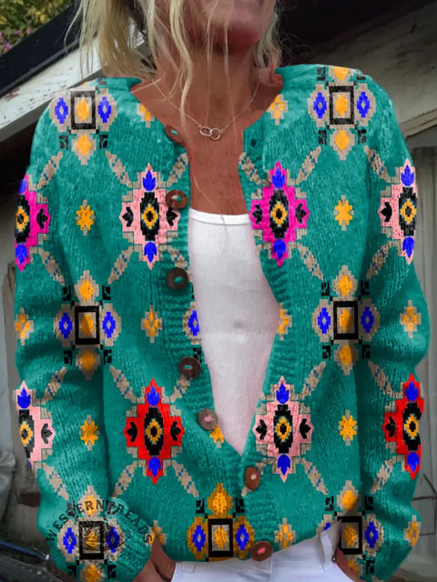 Ethnic Art Print Buttoned Cardigan Sweater