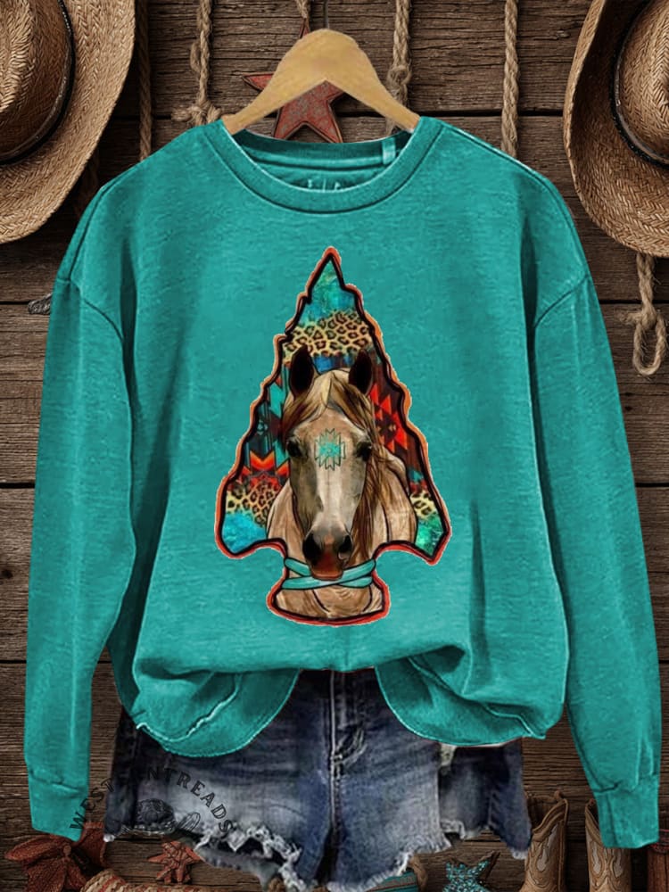 Vintage Western Art Print Casual Cotton Sweatshirt