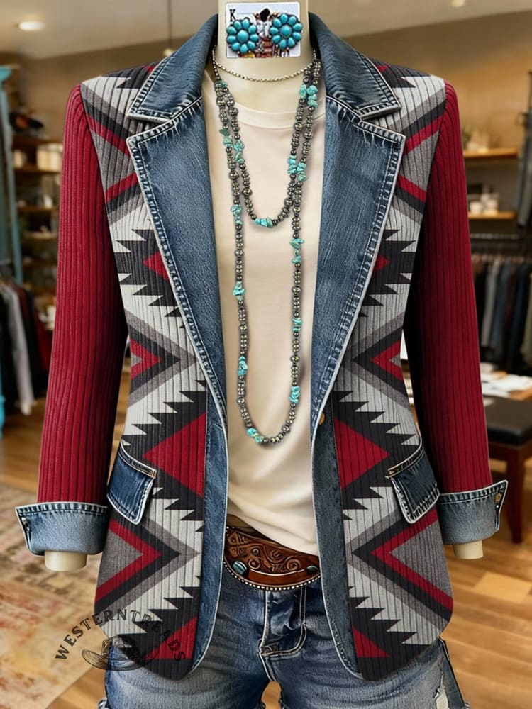 Aztec Print Patchwork Denim Coat