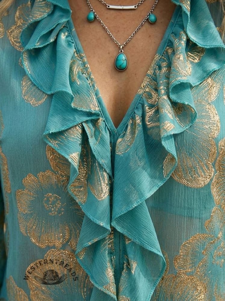Women's Vintage Floral Print Casual Ruffle Shirt