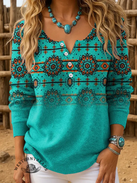 Retro Gradient Flower Print Buttoned Cardigan Sweater