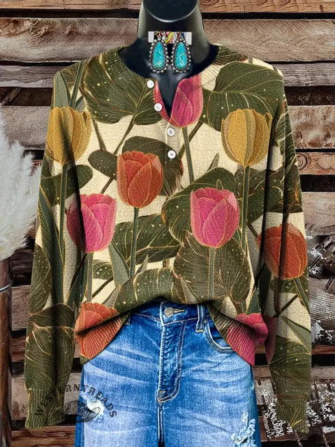 Retro Print Buttoned Cardigan Sweater