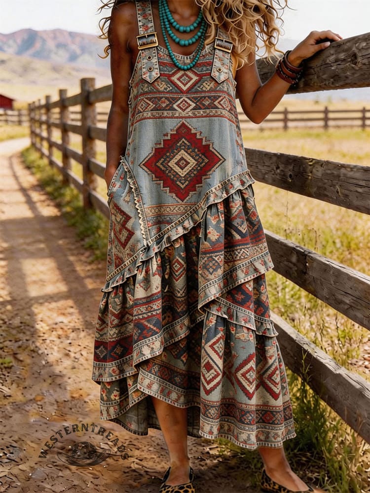 Vintage Aztec Print Sleeveless Multi-layered Ruffled Strap Dress