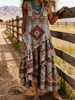 Vintage Aztec Print Sleeveless Multi-layered Ruffled Strap Dress