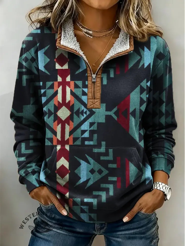 Vintage Aztec Art Print Casual Half Zip Cotton Sweatshirt