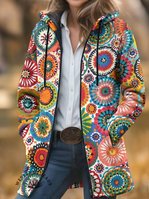 Retro Floral Print Unisex Plush Thick Long-sleeved Cardigan Coat