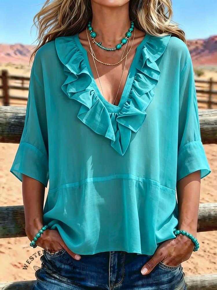 Women's Vintage V-neck Pleated Neckline Patchwork Chiffon Casual Shirt