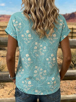 Retro Floral Art Tie Cotton Linen T-shirt
