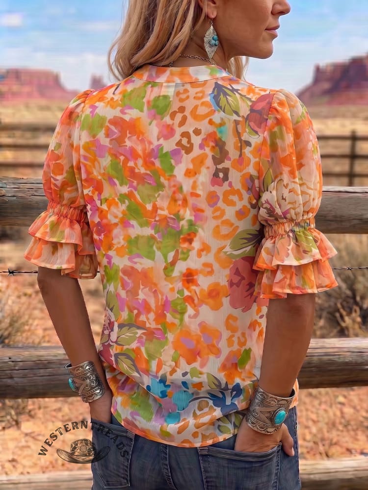 Vintage Art Print Comfortable Summer Fabrics Puff Sleeve Casual Shirt